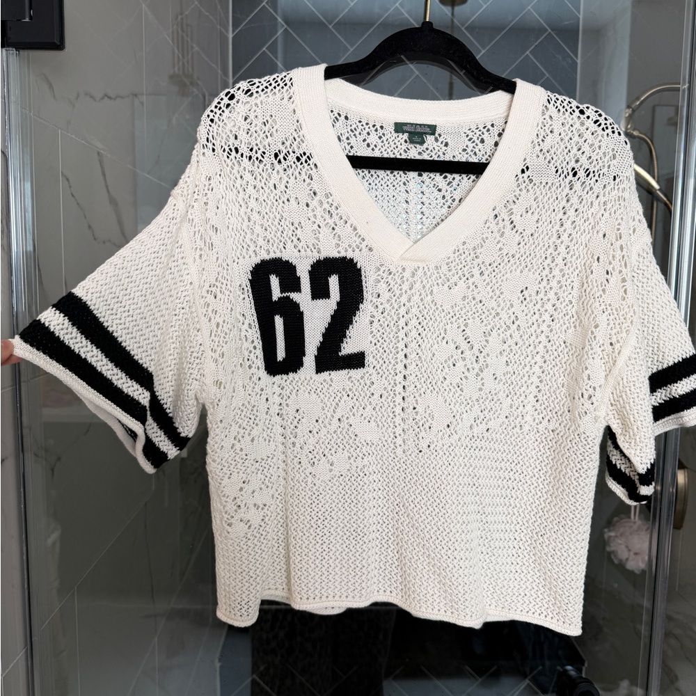 wild fable White Open-Knit V-Neck Jersey Top with Black Number
